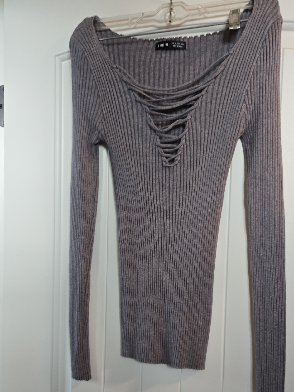 SHEIN Gray Ribbed Lace-Up Long Sleeve Sweater